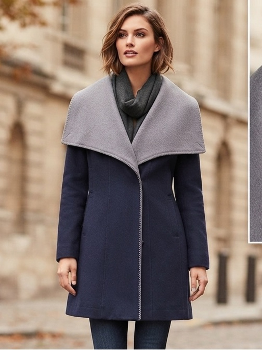 Sam Edelman Navy Blue and Gray Lapel Fleece Coat Size L Large